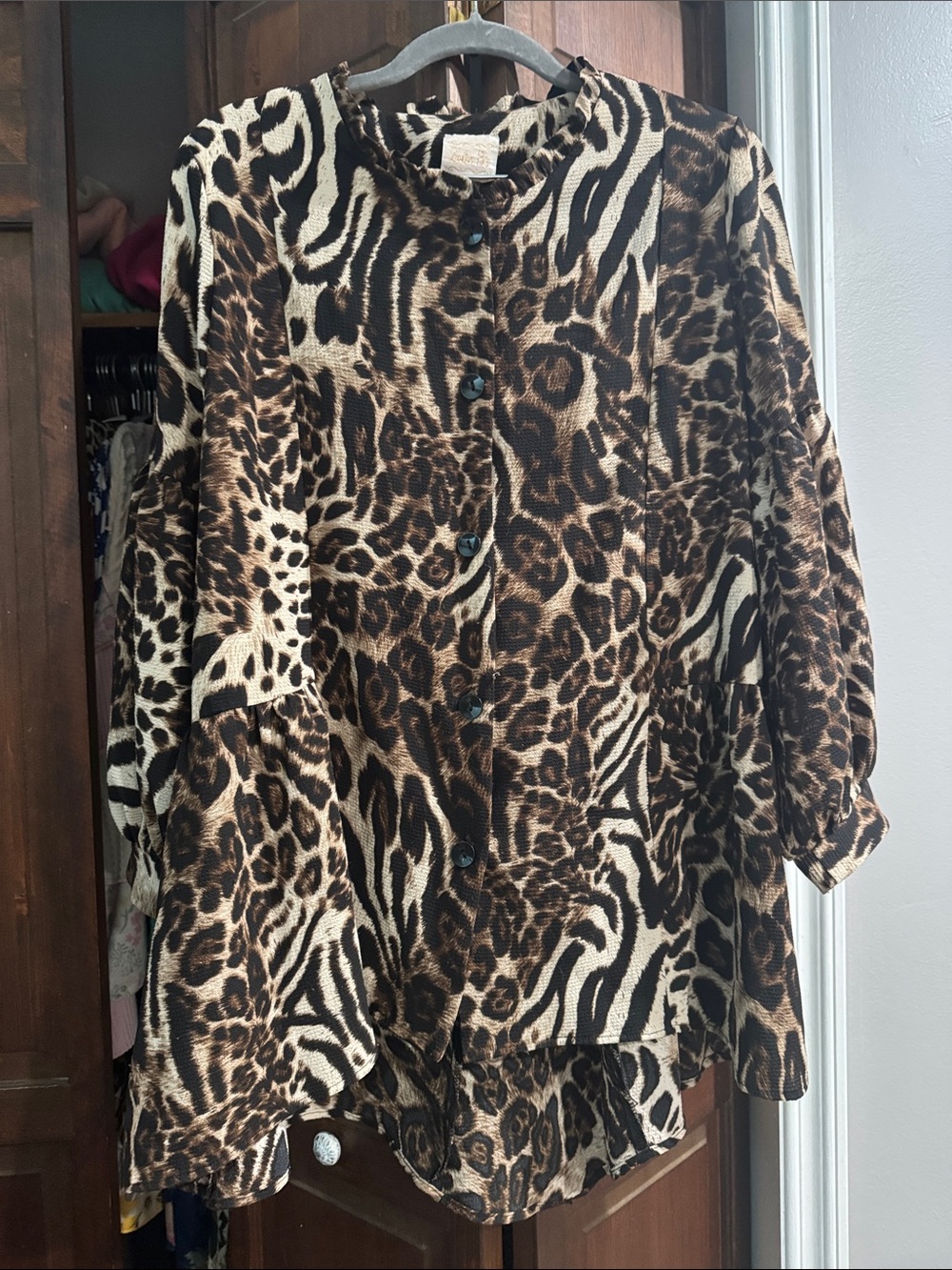 Zadie Bs Animal Print Button-Up Tunic Blouse in Brown and Cream